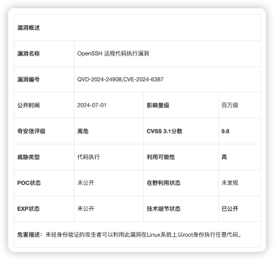 OpenSSH远程代码执行漏洞(CVE-2024-6387)